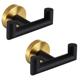 Angle Simple Towel Double Hook Black & Gold, 2 PCS Stainless Steel Bathroom Towel Holder, Dual Robe Coat Hook for Wall