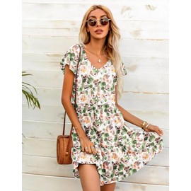 HOTOUCH Summer Dresses for Women 2025 Blue Floral Mini Dresses Womens Casual Sundresses with Pockets Short Sleeve Dress Womens Tiered Dressses S