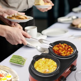 Sunvivi Dual Slow Cooker, Buffet Server & Warmer with 2 Removable Ceramic Pots, 3 Adjustable Temp Settings & 2 Visible Glass Lids, Stainless Steel, 2.5 QT Red