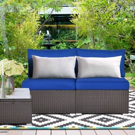 Tangkula 2 PCS Outdoor Wicker Armless Sofa, Patio Rattan Sectional Sofa Set w/2 Thick Seat Cushions and 2 Back Cushions, Additional Seats for Balcony Garden Patio Poolside (Navy Blue)