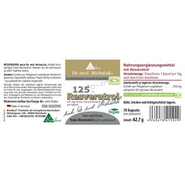 Resveratrol 125 Dr. med. Michalzik Trans-Resveratrol from Polygonum Cuspidatum Extract - Japanese Shrub Knotweed Root Extract 500 mg - No Additives - by BIOTIKON®