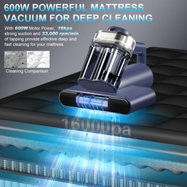 Mattress Vacuum Bed Vacuum Cleaner with 253.7nm UV-C Light, 600W & 16Kpa Strong Suction,33000 RPM/Min Tapping, HEPA Filter,149℉ Heat & Ultrasonic & Anion for Bed and Pet