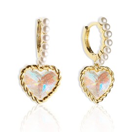 Sonateomber Iridescent Rainbow Heart Drop Dangle Small Pearl Hoop Huggie Earrings for Women Cute Lovely Gold Circle Daily Cartilage Love Valentine Jewelry Gift