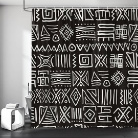 Moyrisou Southwestern Decor Shower Curtain, Ethnic Motifs Illustration of Tribal Design Drawing Printed Art for Bath, Cloth Fabric Home Bathroom Accent Set with Hooks 72X72IN Black and White