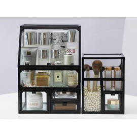 MOOCHI White 3 Pieces Makeup Organizers for Vantity, Luxury Tempered glass, Skin Care Organizer, Drawers,Brush Organizer,Countertop Cosmetics Storage Display Case