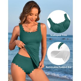 Charmo Two Piece Tankini Swimsuits for Women Scallop Trim Square Neck Tankini Top with Bottom Tummy Control Bathing Suit Green M