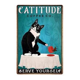 Funny Black Cat Vintage Metal Tin Signs Catitude Coffee Serve Yourself Wall Bathroom Decor Lovely Cats Metal Poster Vintage Aluminum Sign (Coffee Cat)