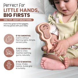 HippoToys Wooden Teething Toy – Baby’s First Montessori Toy (0–12 Months) – Handcrafted & Non-Toxic Natural Teether with Gentle Rattle – 100% Wood, No Silicone or Rubber