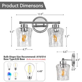 AMRUIPO Bathroom Light Fixtures Over Mirror, 2 Lights Vanity Lights with Hammered Glass Shade, 14" Chrome Farmhouse Bathroom Light Fixtures for Bedroom, Porch, Hotel, Mirror Cabinet