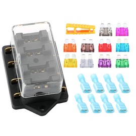 QitinDasen Premium 4 Way Car Blade Fuse Box, Universal Standard Blade Fuse Holder with Damp-Proof Cover and 10Pcs Free Standard Blade Fuse, for Car Boat Marine Trike (12V / 24V)