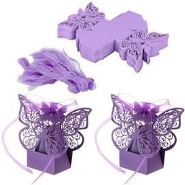 Wedding Candy Box, 50 Pieces Laser Cut Butterfly Wedding Gift Box, Candy Gift Boxes, Gift Box Purple with Ribbons for Birthdays, Weddings, Parties, Festivals