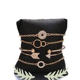 LVGPH 5pcs Simple Round Circle Rhinestone Knotted Open Geometric Chain Bracelet,Women Layered Bracelet Set Multiple Adjustable Open Cuff Bangles Hand Chain Gift for Women Men Him Her（Gold ）