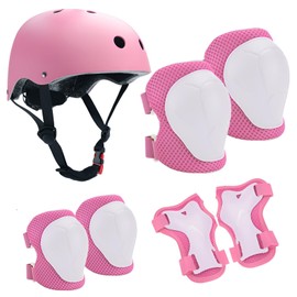 HTRTRR Kids Safety Helmet Set with Adjustable Helmet, Knee and Elbow Pads and Wrist Supports for Skate, Bike, Skating, Scooter and Other Outdoor Sports (Pink)