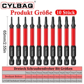 Pack of 10 Triangle Screwdriver Bits 65 mm, CYLBAQ Hex Shank Triangle Head Screwdriver Bits 12/14/16/18/20/23/25/27/30 mm Magnetic Triangle Screw Bits, S2 Screwdriver Bit