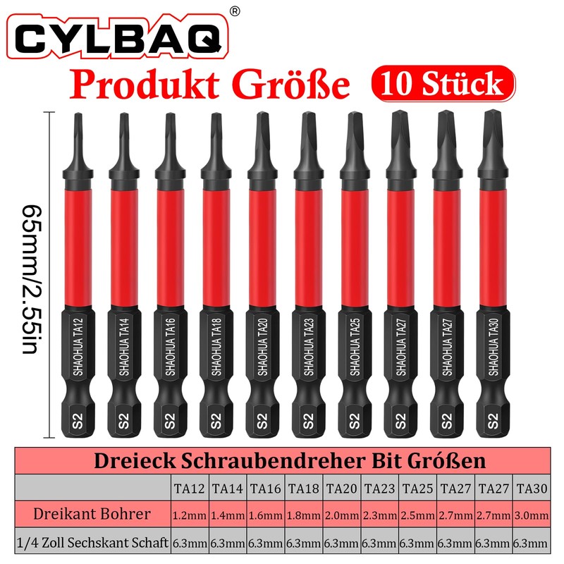 Pack of 10 Triangle Screwdriver Bits 65 mm, CYLBAQ Hex