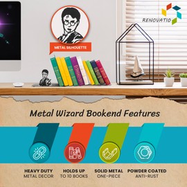 Wizard Metal Bookend Unique, Cute, and Geeky Decor for Office, Home - Mothers Day Gift - Heavy Duty, Non-Slip, Minimalist Bookends for Shelves