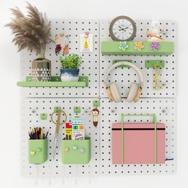 Soubeoii Metal Pegboard Combination Kit — 4 Carbon Steel Pegboards with 26 Accessories, Pegboard Wall Organizer for Home, Office, Study Room, Kitchen, Garage & Craft Room — 24″ × 24″ White Peg Board