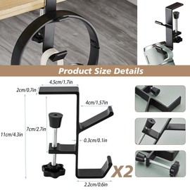 2 Pack Purse Hook for Table - Adjustable Metal Bag Holder Hook Clamp, Under Desk Hanger for Handbags, Backpacks, Accessories - Universal Desk Mount, Table Edge Hook Portable & Sturdy Design (Black)