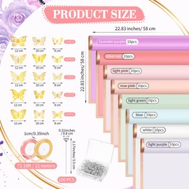 Ctosree 242 Pcs Flower Money Bouquet Accessories 80 Sheets Flower Wrapping Paper Gold Edge with Bouquet Pins Butterfly Satin Ribbon for Women Anniversary Flower Gifts Florist Supplies DIY Crafts