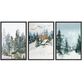 SIGNWIN Framed Canvas Print Wall Art Set Winter Snow Pine Tree Forest Cabin Nature Wilderness Illustrations Modern Art Rustic Calm/Zen Landscape for Living Room, Bedroom, Office - 24"x36"x3 Black
