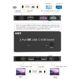 8K Type-C KVM Switch for 2 PC Share 2 Monitors, MST SST Mode KVM USB C Switcher Support HDMI and DP Monitor Output, Support Extend and Mirror Display Mode