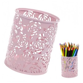 Porta Lapices de Escritorio, Soporte de lápiz de, bote de lápiz de patrón de flores de rosa hueca, soporte de cepillo de maquillaje de metal de 8 * 8 * 10CM, organizador de escritorio para bolígrafo