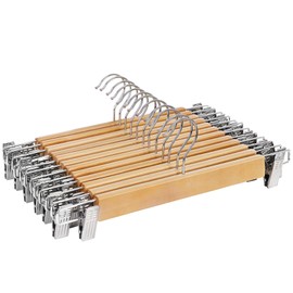 SONGMICS Wooden Pants Hangers 12 Pack, Pants Hangers with Clips, Adjustable Anti-Rust Metal Clips, 360° Swivel Hook, Skirt Hangers for Pant, Skirts, Natural Grain UCRW008-12