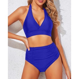 Tempt Me - Conjunto de bikini de dos piezas de cintura alta para mujer, traje de baño con control de abdomen, Azul Real, L
