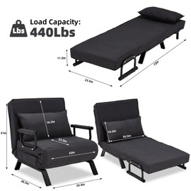 Hupmad Convertible Bed Sleeper Chair,Tri-fold Upholstered Armchair Sleeper with Pillow,Folding Leisure Chaise Lounge Couch,6 Angle Adjustable Backrest Single Lazy Bed for Office (Black, Regular)