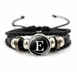 Mens Bracelet Black Leather Bracelet Cool Initial Bracelet for Men Multi Layer Braided Leather Bracelet Punk Letter Bracelet for Boyfriends (E)