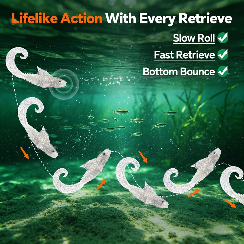 POWJOY 5in Pre-Rigged Curly Tail Swimbaits with Hidden Hook &