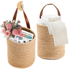 YOUEON Set of 2 Jute Hanging Basket 19.8 x 17 cm, Wall Hanging Planter Baskets, Jute Woven Hanging Storage Baskets, Small Woven Baskets for Sunglasses Wallet Keys Flower Plants Towels Toys