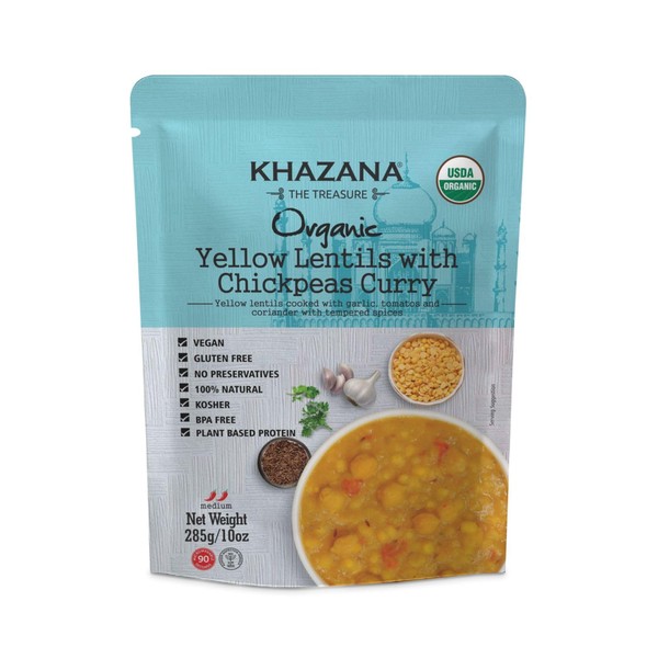 Khazana ORGANIC Yellow Lentils with Chickpeas Curry - Ready to Eat Indian Meals (Pack of 1, 10oz Pouches) | Non-GMO, Vegan, Gluten Free & Kosher | Authentic Cuisine in 90 Seconds!