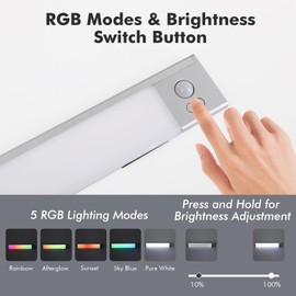 SAKSIAPRO RGB Under Cabinet Lights, 5 Colors & Dimmable Motion Sensor Light Indoor, 1100mAh Rechargeable Under Cabinet Lighting Magnetic for Kitchen, Stairs, Closets, Silver(Aluminum Alloy+ABS +PC)