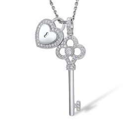 namana Heart and Key Necklace for Women. 925 Sterling Silver Pendant Necklace for Women with Heart Lock and Key, Set with Cubic Zirconia Gemstones. Sterling Silver Necklace, Silver, Cubic Zirconia