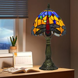 Ppbmocw Small Tiffany Table Lamp Dragonfly, 8 Inch Stained Glass Lamp for Living Room, Bedside, Reading, Vintage Mini Tiffany Desk Light Included 3 Color Temperatures E26 Bulb(Red)