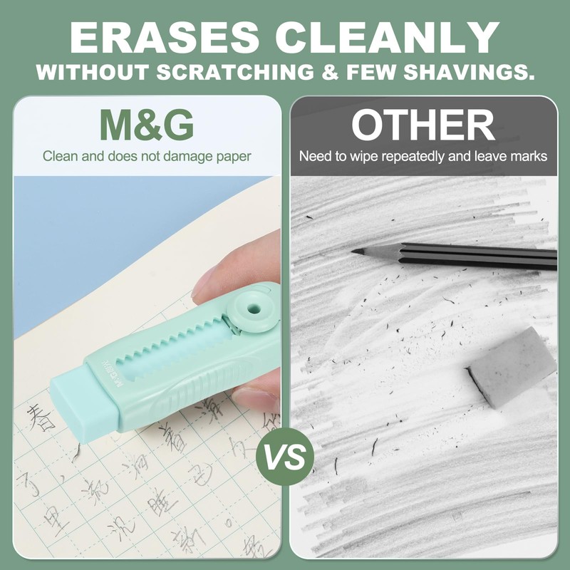 M&G 8 Pack Erasers, Green Sliding Retractable Eraser Push Pull