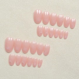 MERVF Press on Nails Medium Oval, Marble Design Fake Nails Pink Glue ons Acrylic Nail Solid Color 24pcs Glossy