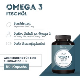 Omega 3 Wild Fish Oil 2000 mg - 1000 mg EPA, 500 mg DHA, 60 Omega 3 Capsules High Dose - Heart & Brain Function, Vision - 2 Months Vitavea