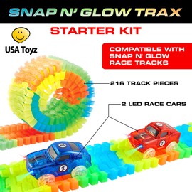 USA Toyz Glow Tracks Starter Kit Race Tracks and 2 LED Toy Cars - 216pk Glow in The Dark Bendable Flexible Rainbow Race Track Set with 2 Light Up Car Toys, STEM Building Toys for Boys and Girls