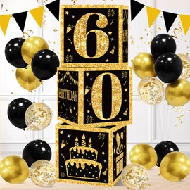 60th Birthday Decorations Boxes For Men Women - 3pcs Black Gold Happy 60th Balloons Boxes, 60 Year Old Party Supplies Birthday Table Decorations For Men Women