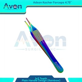 Set of 2 Adson Forceps 4.75" (12cm) Rainbow Titanium Finish German Stainless Steel - Veterinary, Dental Tissue Grasping Forceps (1x2 Teeth (Grooved Handle))