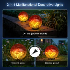 2 Pack 60LED Solar Globe Lights Outdoor Waterproof 4.7in Cracked Glass Solar Balls Lights for Outside Yard Pathway Patio Lawn Landscape Decor Ground for Christmas Holiday Decor w/ Box (Gradient Red)
