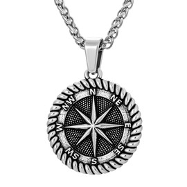 Crafted Compass Coin Necklace with Wheat Chain for Men, Mens Necklace with Compass Pendant Perfect for Travelers and Adventurers, 24 inch (24, Antique silver-Rope Round -Wheat Chain)