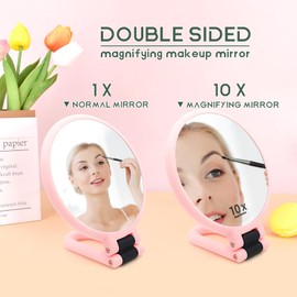 Novadex 1x 10x Magnifying Mirror, Handheld Hand Mirror with Handle, Travel Hand Held Vanity Mirror, Compact Double Sided Portable Magnification Small Make Up Mirrors for Precision Makeup (Pink)