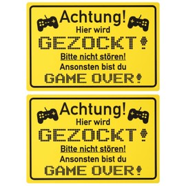 Sign with "Achtung! Hier wird GEZOCKT!", Pack of 2, 1 mm PVC, 30 x 20 cm, Joke Item for Video Game Gamer, Fun Sign with Game Over, Funny Sign for Computer Gamers