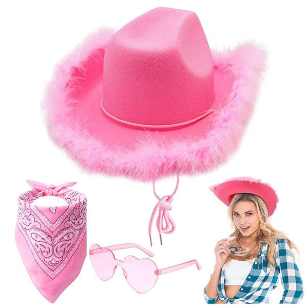 Cowboy Hat Women, Felt Fluffy Feather Trim Cowgirl Hat,Wide Brim Fancy Dress Cowgirl Hats with Heart Glasses Bandana Scarf for Halloween Birthday Bachelorette Party (A)