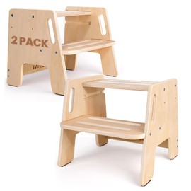 2 Pack Toddler Step Stool, Wooden Height-Adjustable 2-Step Stool for Kids, Potty Training Stool with Handles