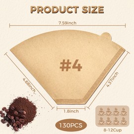 130 Count #4 Cone Coffee Filters 8-12 Cup, Unbleached Natural Paper, Disposable coffee filters 4 cone paper, Filters Paper Compatible with Ninja Coffee Filters, Pour Over and Drip Coffee Maker