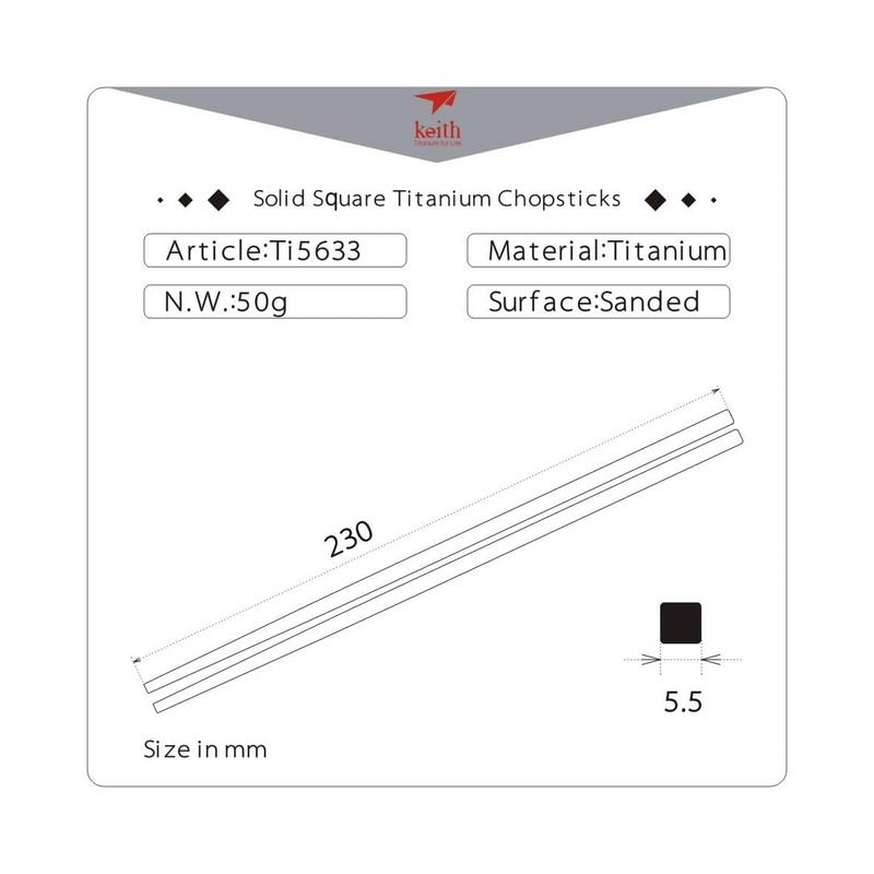 Keith Titanium Ti5633 Solid Square Handle Chopsticks with Aluminum Case
